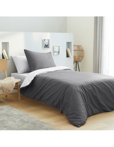 Pack complet 4 pièces Anthracite/Blanc réversible housse de couette pour lit 90 x 190 cm