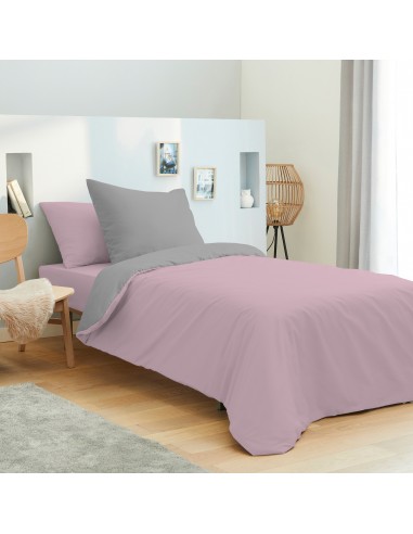 Pack complet 4 pièces Rose/Gris réversible housse de couette pour lit 90 x 190 cm