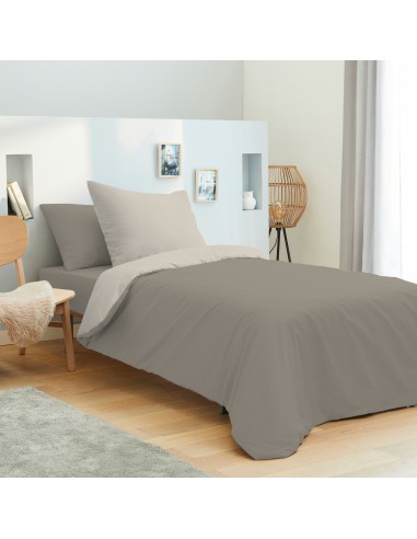 Pack complet 4 pièces Taupe/Lin réversible housse de couette pour lit 90 x 190 cm