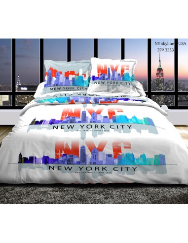 Pack complet NY Skyline Bleu housse de couette pour lit 140 x 190 cm 100% coton / 57 fils/cm²