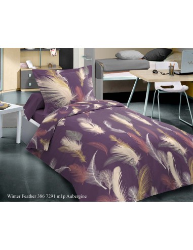 Pack complet Feather Aubergine housse de couette pour lit 90 x 190 cm 100% coton / 57 fils/cm²