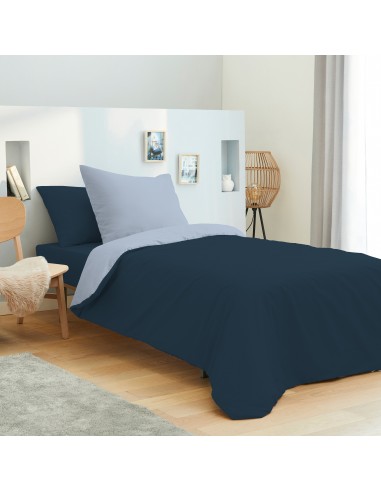 Pack complet 4 pièces Marine/Bleu Ciel réversible housse de couette pour lit 90 x 190 cm